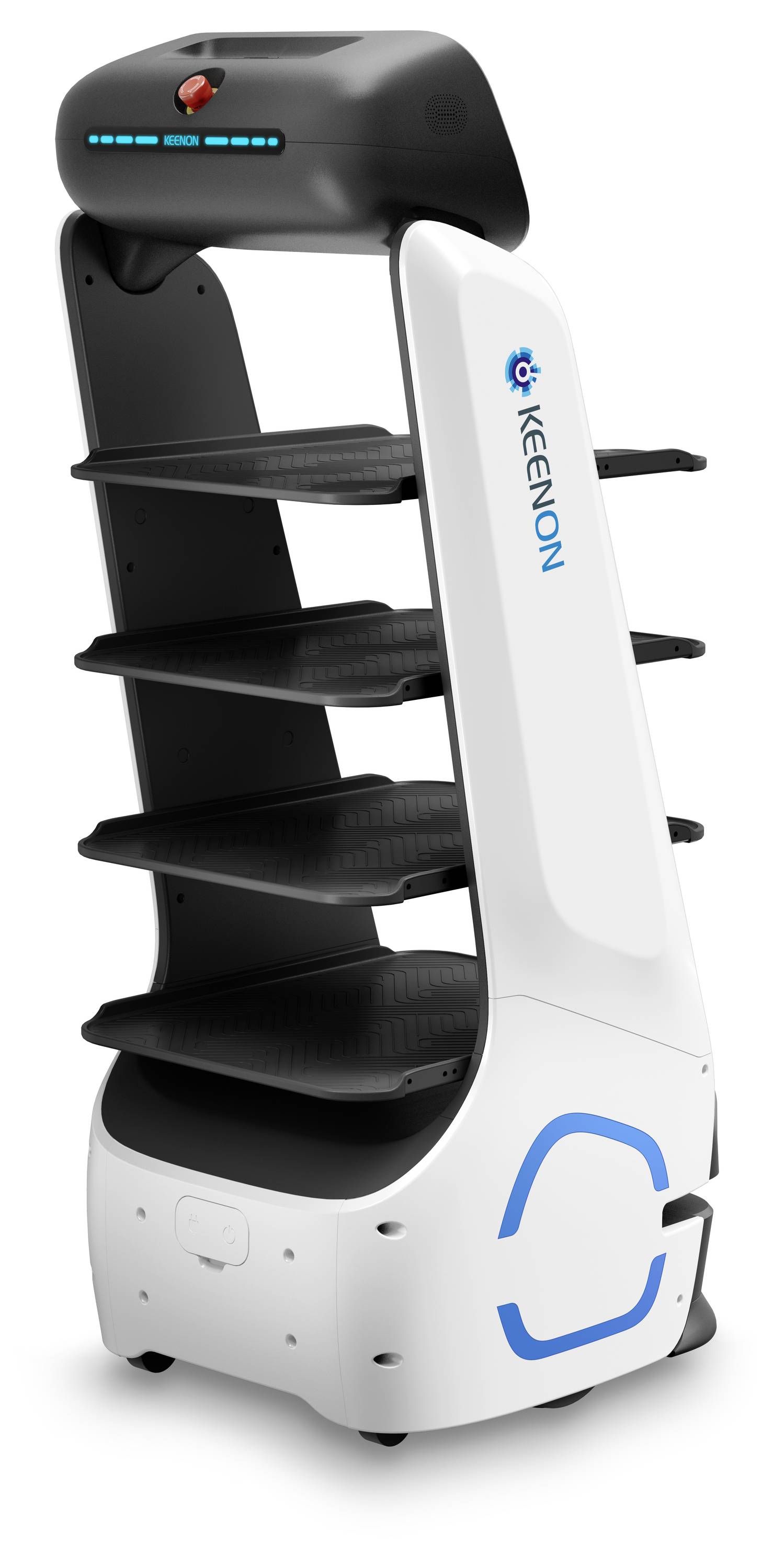 Autonomer Mobilroboter mit vier schwarzen Tabletts und weißem Körper mit der Bezeichnung 'KEEON', verwendet für Transport oder Lieferung.