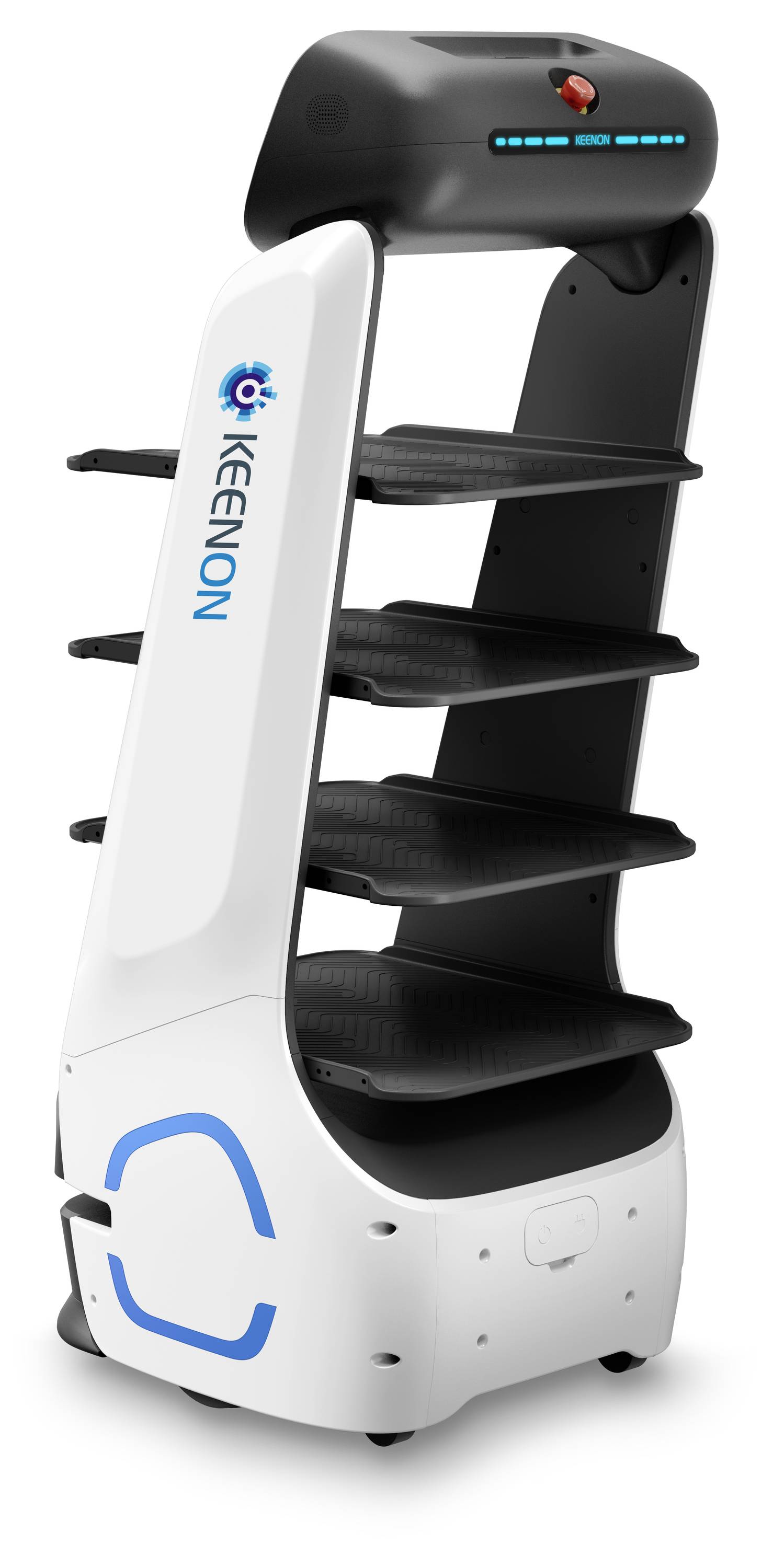 Ein KEENON autonomer Lieferroboter mit vier Regalen, schwarzweißem Gehäuse, wird für den Transport von Gegenständen in Innenräumen verwendet.