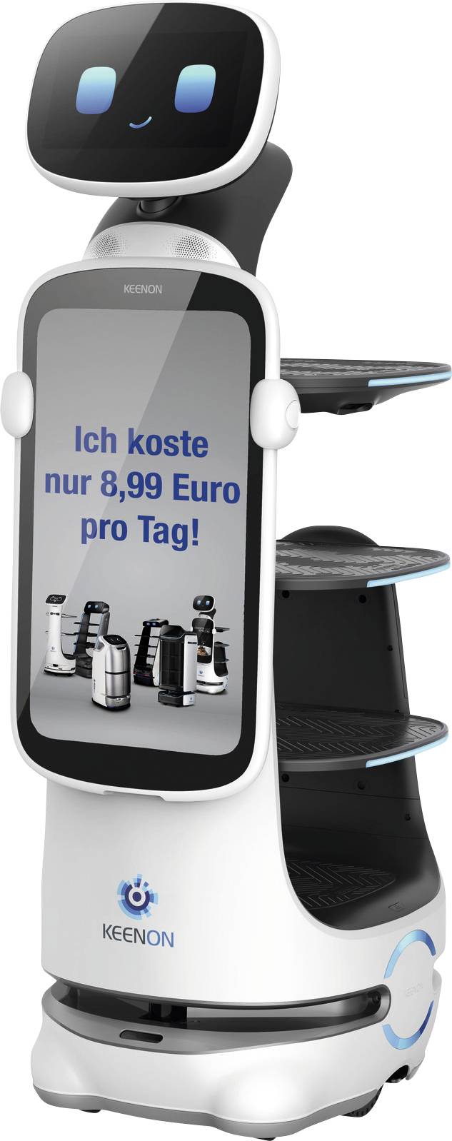 Keenon-Serviceroboter mit einem Bildschirm, auf dem „Ich koste nur 8,99 Euro pro Tag!" steht, und Regalen zum Transportieren von Gegenständen.