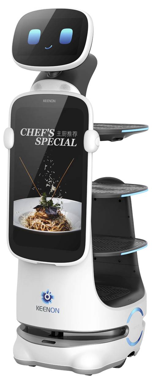 Ein weißer Serviceroboter mit einem Bildschirm, der „CHEF'S SPECIAL" anzeigt, und einer Pastablüte, konzipiert zum Transportieren von Speisen auf drei Seitenregalen.
