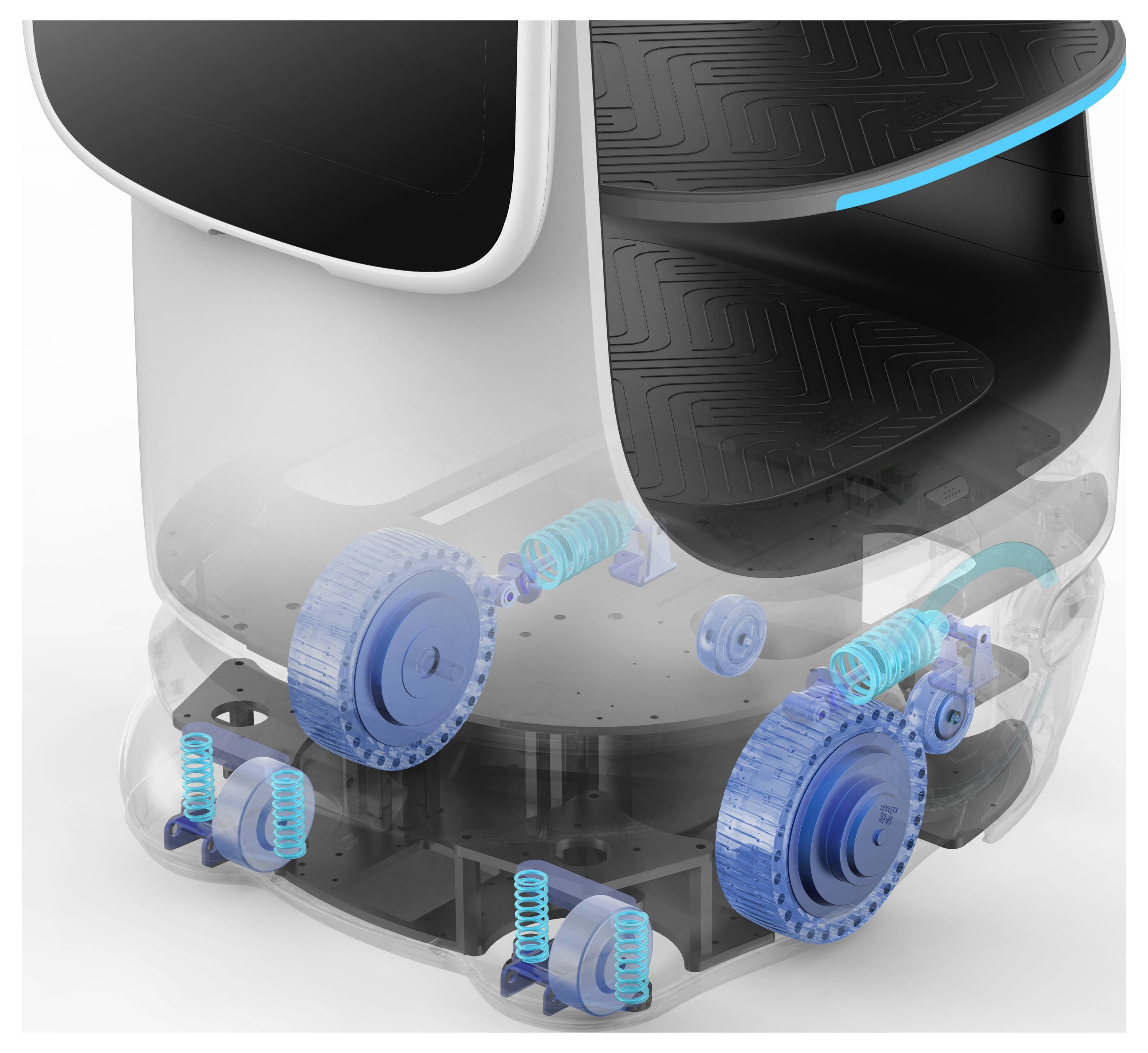 Schnittillustration eines Roboterstaubsaugers mit internen Rädern, Federn und Aufhängungskomponenten unter dem Gehäuse.