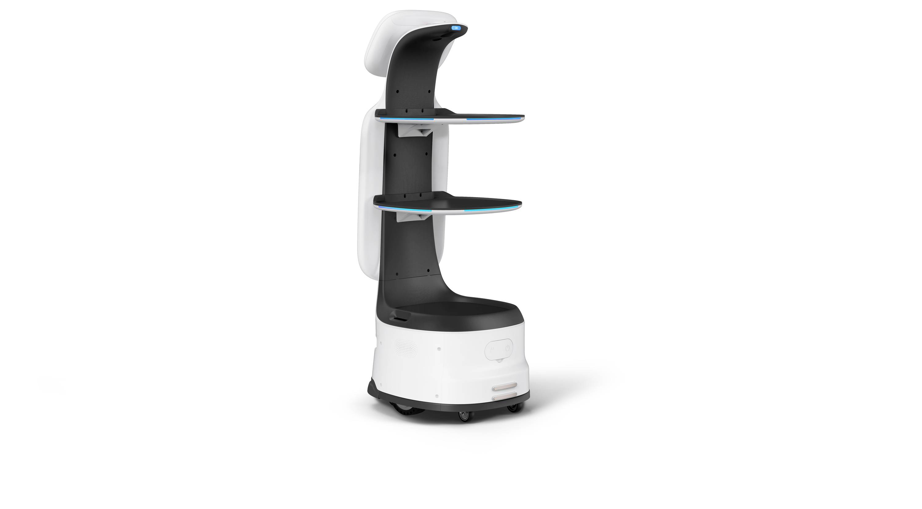 Ein weißer autonomer Serviceroboter mit einem hochgewachsenen schwarzen Körper, blaugesäumten Regalen und einem abgerundeten Kopf vor einem einfachen Hintergrund.