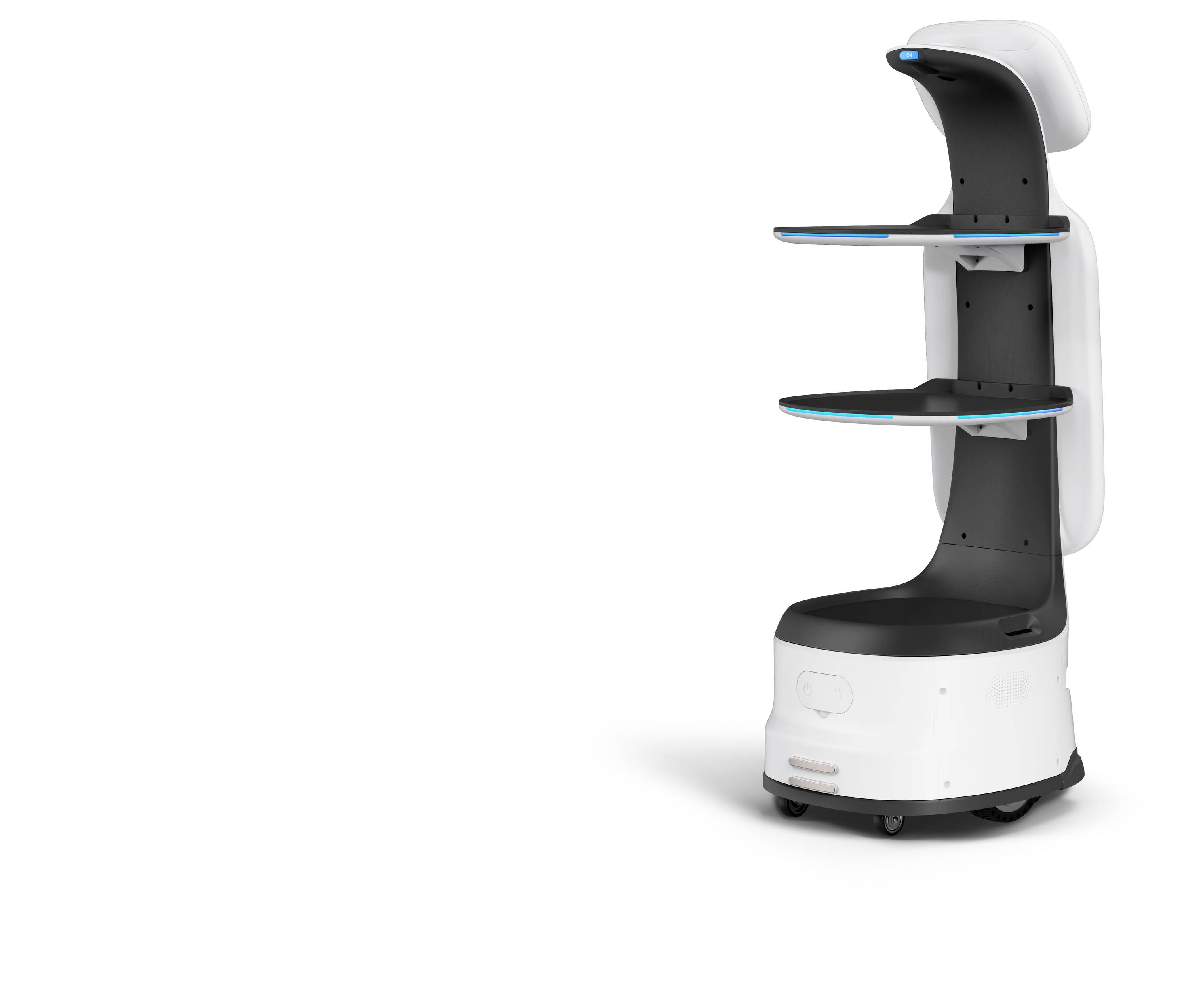 Autonomer Serviceroboter mit zwei Regalen und einer abgerundeten weißen Basis, abgebildet auf einem einfachen weißen Hintergrund.
