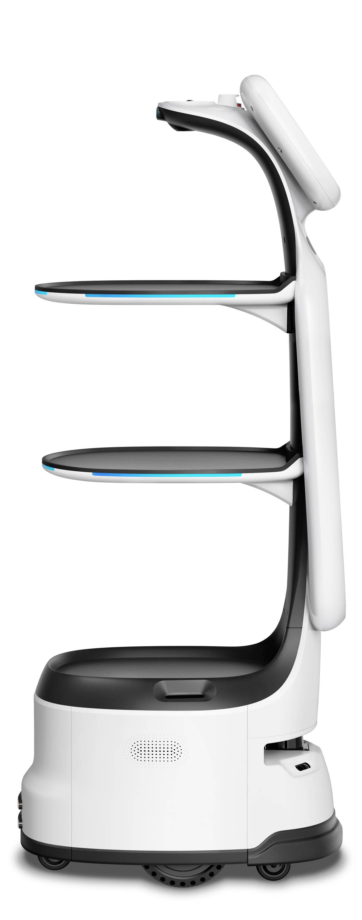Weißer autonomer Lieferroboter mit drei horizontalen Tabletts und einer abgerundeten Basis, dargestellt in Seitenansicht auf weißem Hintergrund.