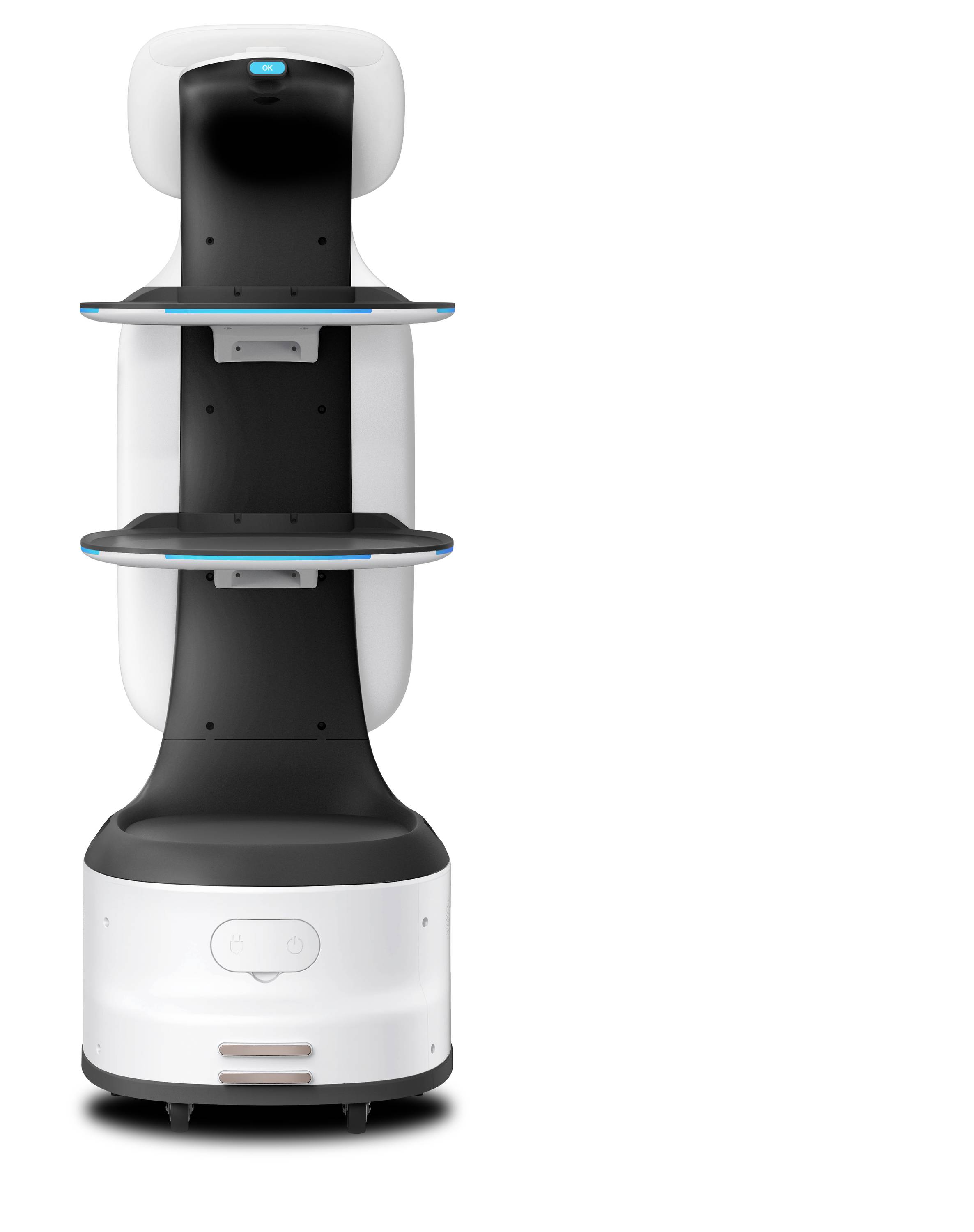 Autonomer Lieferroboter mit zwei Regalen und einer gerundeten weißen Basis auf einfachem Hintergrund.