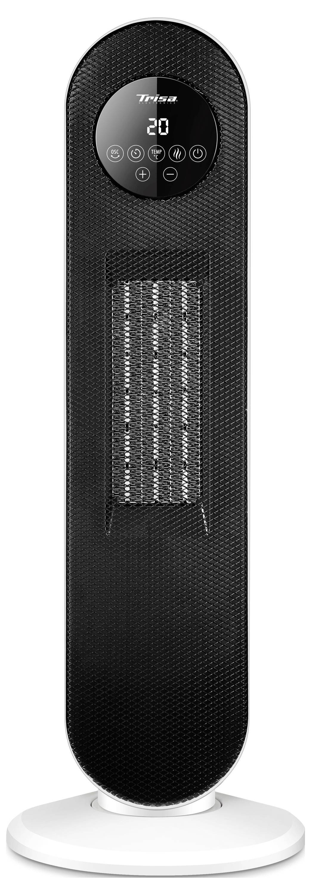 Schwarzer Turmventilheizer auf weißem Sockel, mit digitaler Anzeige, die 20 anzeigt, und Touch-Steuerelementen an der Vorderseite.