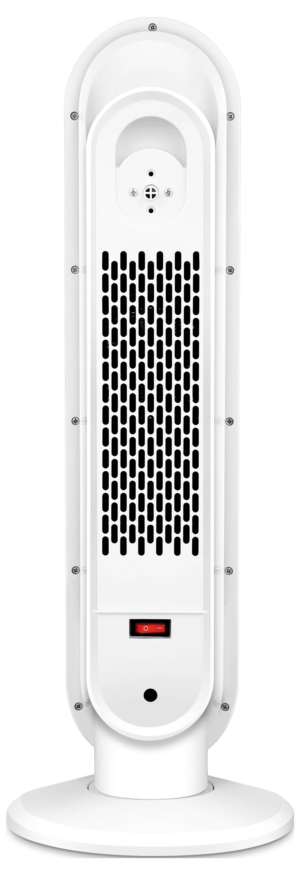 Weißer Turmradiator mit durchlochtem Frontgitter, Bedienungsknöpfen und rote Betriebsanzeige auf rundem Sockel.