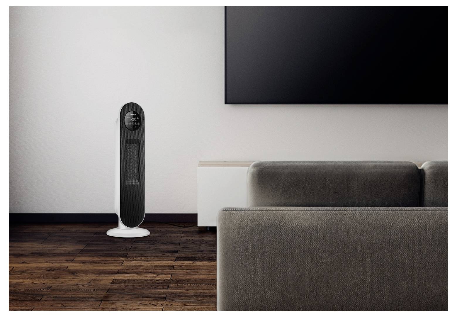 Modernes Wohnzimmer mit einem schwarzen Turmventilator in der Nähe der Wand, Holzboden, grauem Sofa im Vordergrund und einem an der Wand montierten Fernseher.