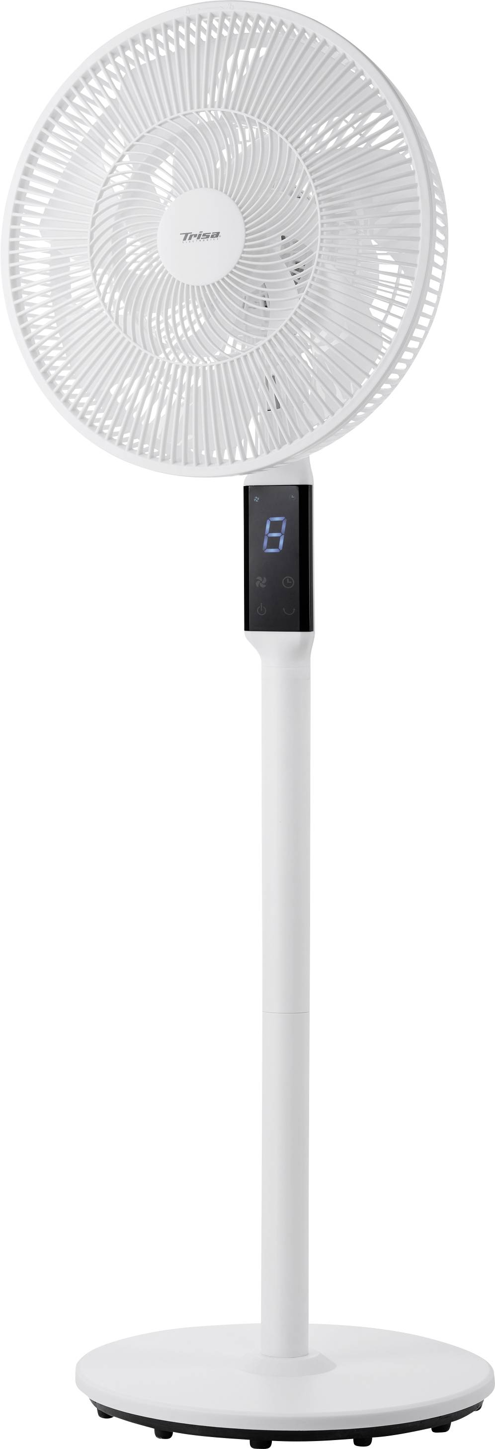 Weißer Standventilator mit digitaler Anzeige auf dem Gestell und rundem Sockel, vor weißem Hintergrund dargestellt.
