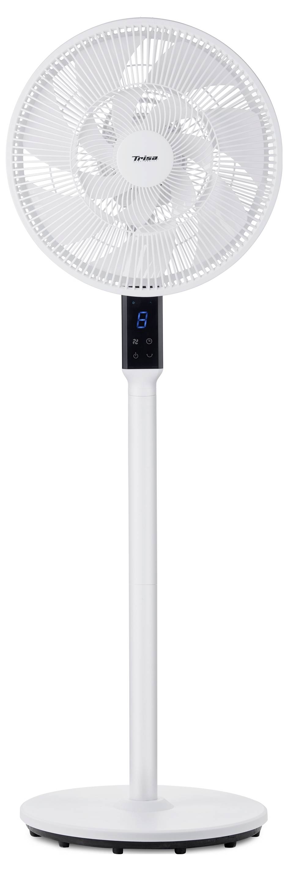 Weißer Standventilator mit rundem Gitter, digitalem Bedienfeld und verstellbarem Ständer auf einer runden Basis.