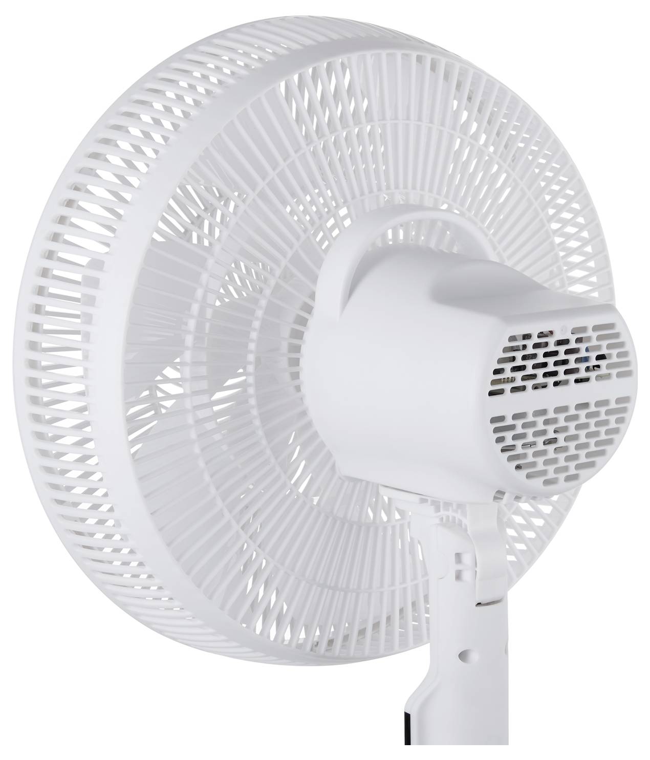 Weißer elektrischer Standventilator in Seitenansicht auf einfachem Hintergrund, mit kreisförmigem Gitter und belüftetem Motorgehäuse.