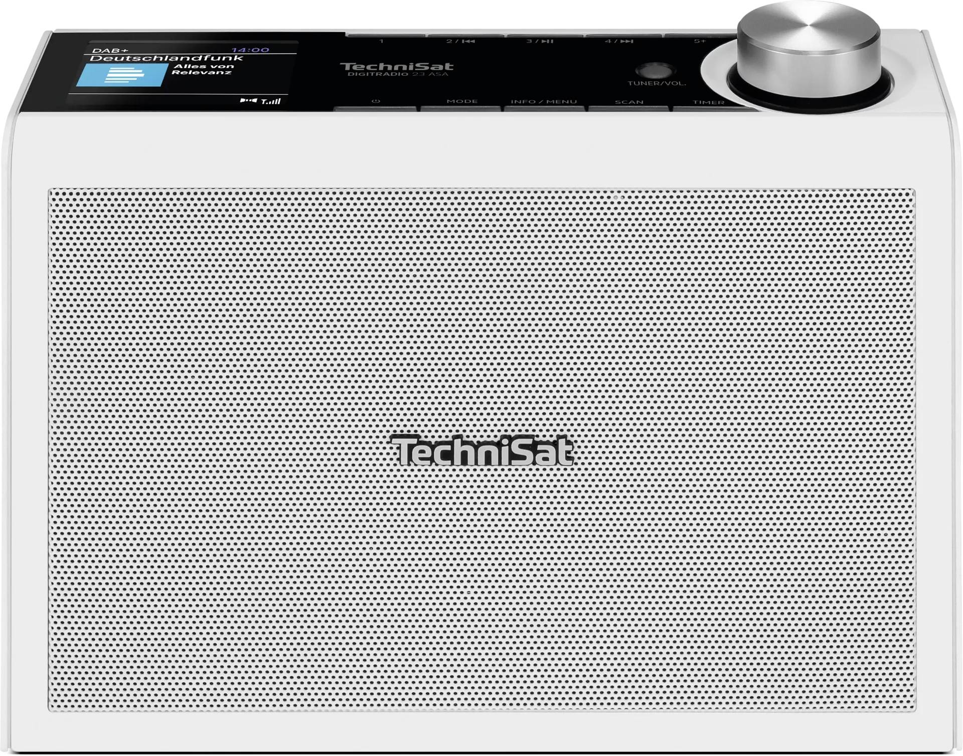 Weißes Technisat-Tischradio mit großem vorderen Lautsprechergitter, oberen Display und silbernem Drehknopf.
