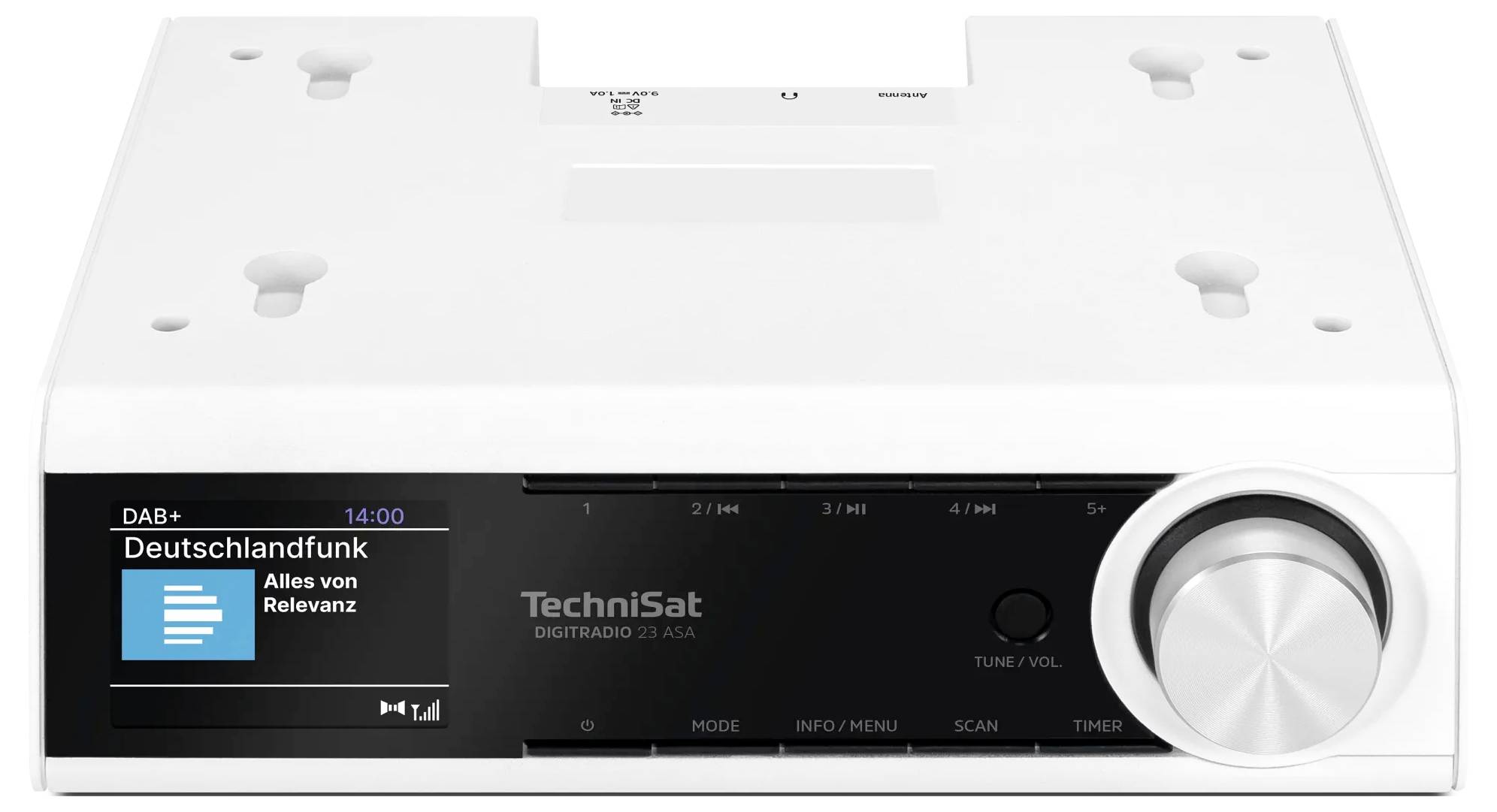 Weißes TechniSat DAB+ Digitalradio mit schwarzem Display, das "Deutschlandfunk" anzeigt, und einem großen silbernen Lautstärkeregler auf der rechten Seite.