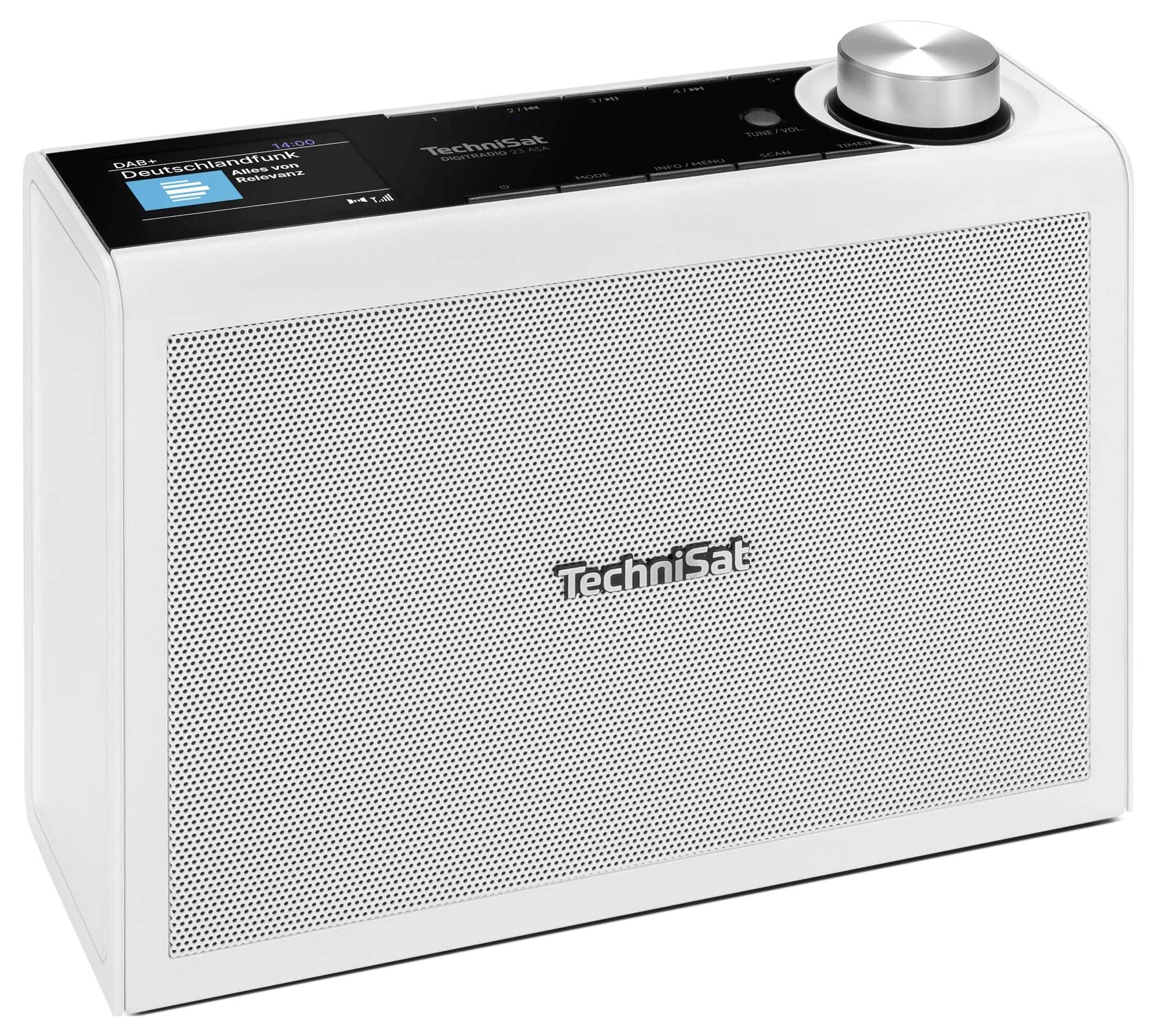 Weißes TechniSat Tischradio mit großem vordenem Lautsprechergitter, Displayanzeige oben und silbernem Drehknopf auf der rechten Seite