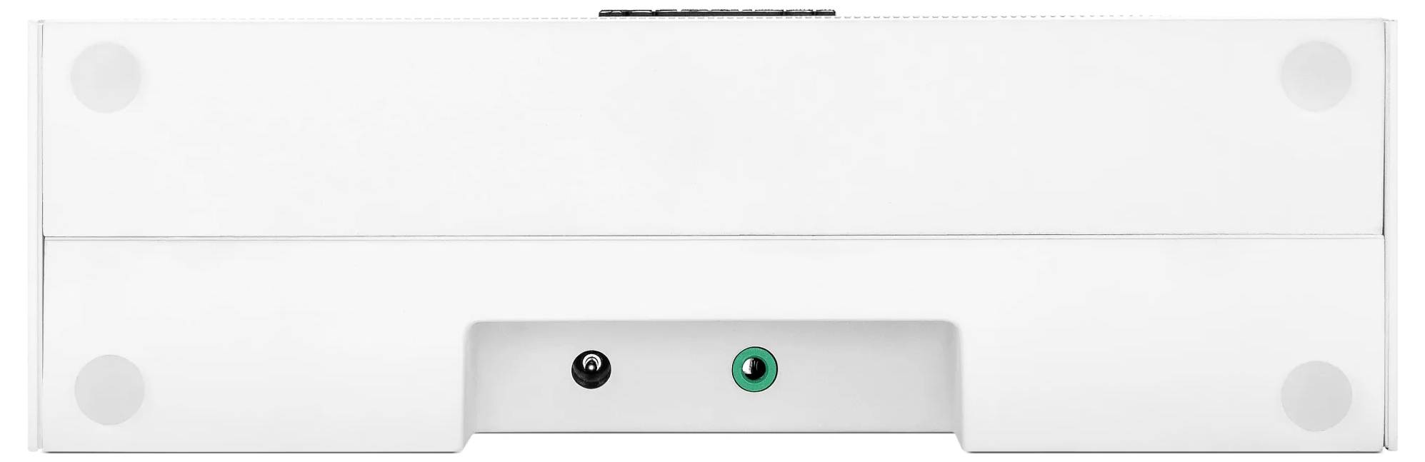 Draufsicht eines weißen rechteckigen elektronischen Geräts mit vier Eckpolstern und zwei vorderen Anzeigeöffnungen oder Sensoröffnungen, eine schwarz und eine grün.