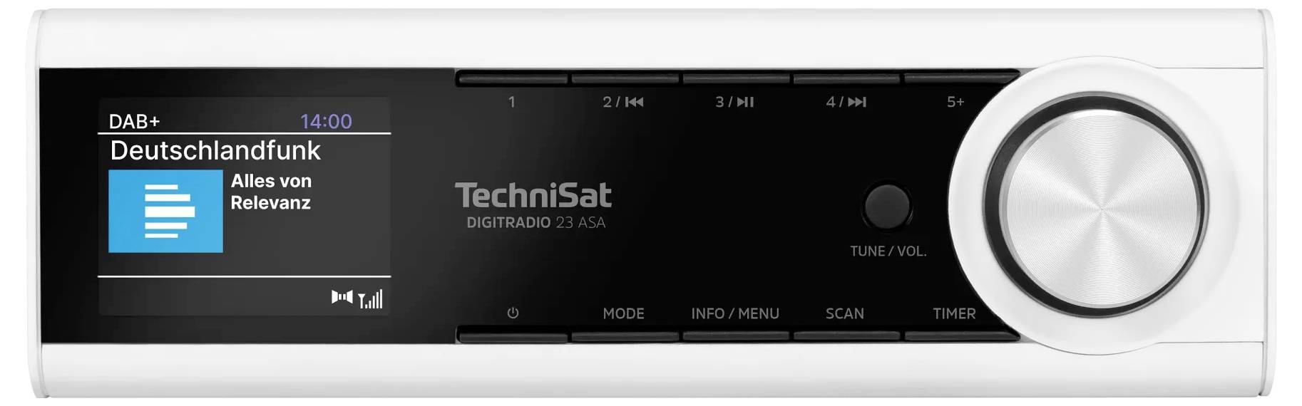 Vorderansicht eines Technisat DAB+ Digitalradios mit Display, das 'Deutschlandfunk' und 'Alles von Relevanz' anzeigt, plus großer Abstimmknopf auf der rechten Seite.