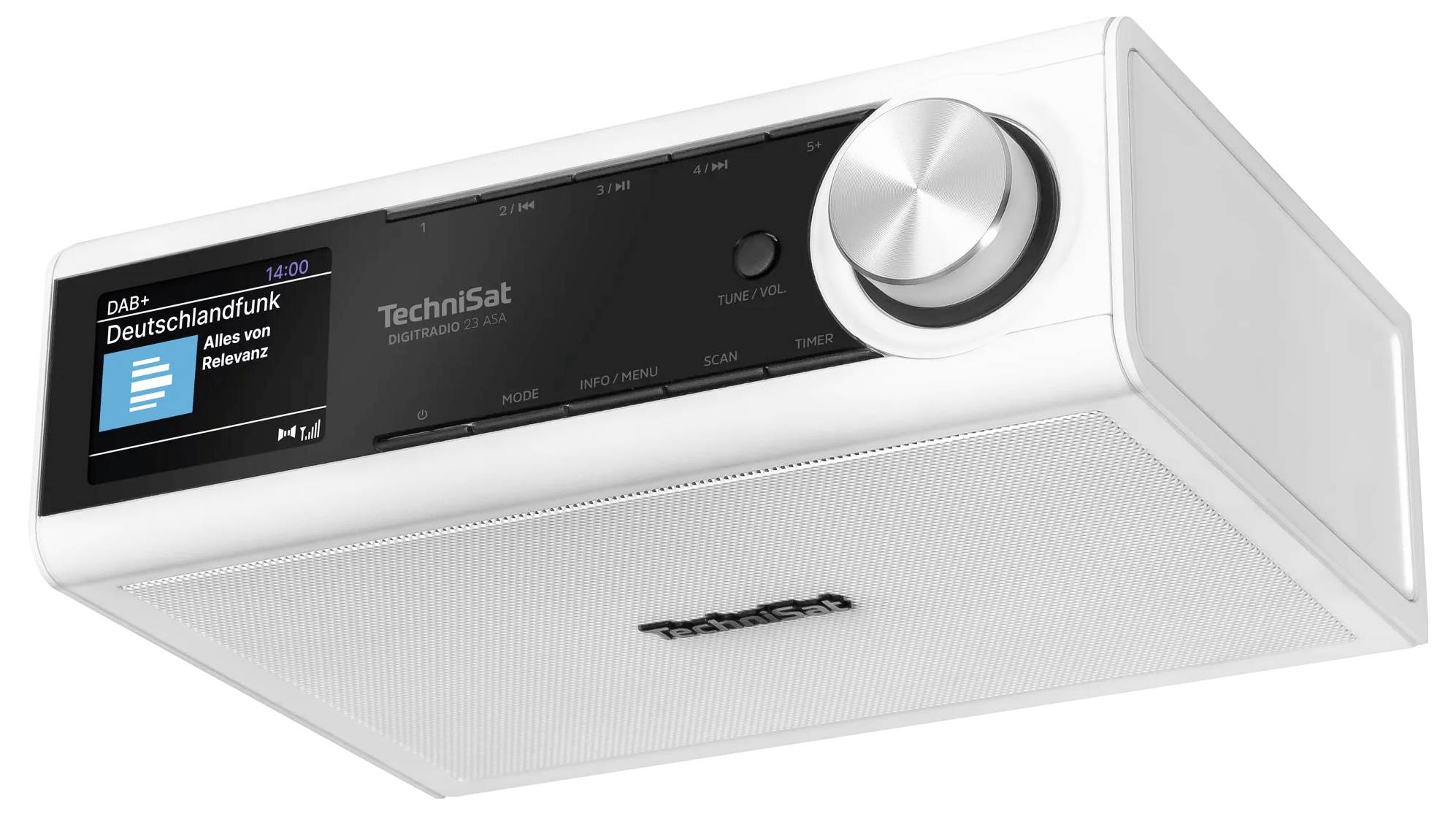 Weißes TechniSat-Tischradio mit digitalem Display, das „Deutschlandfunk" anzeigt, und einem großen Abstimmknopf auf der rechten Seite.