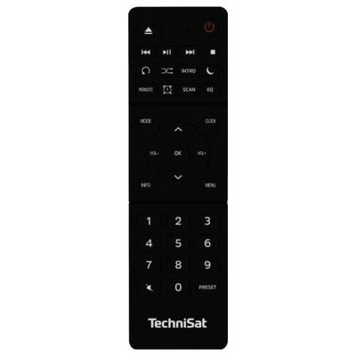 Schwarze TechniSat Fernbedienung mit Ein-/Ausschalter, Wiedergabetasten, Menütaste, Lautstärketasten, Zahlentasten und direktionalem OK-Pad.