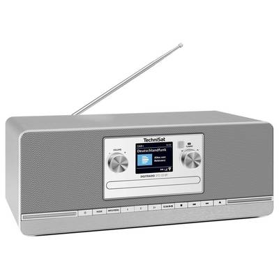 Silberfarbenes digitales Tischradio mit ausziehbarer Antenne und frontalem Display mit Technisat- und Deutschlandfunk-Senderinformationen.