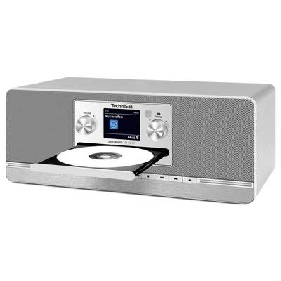 Silbernes TechniSat Tisch-CD-Radio mit einer teilweise aus dem vorderen Schlitz ausgefahrenen Disc und einem kleinen zentralen Display, das Wiedergabesteuerungen anzeigt.