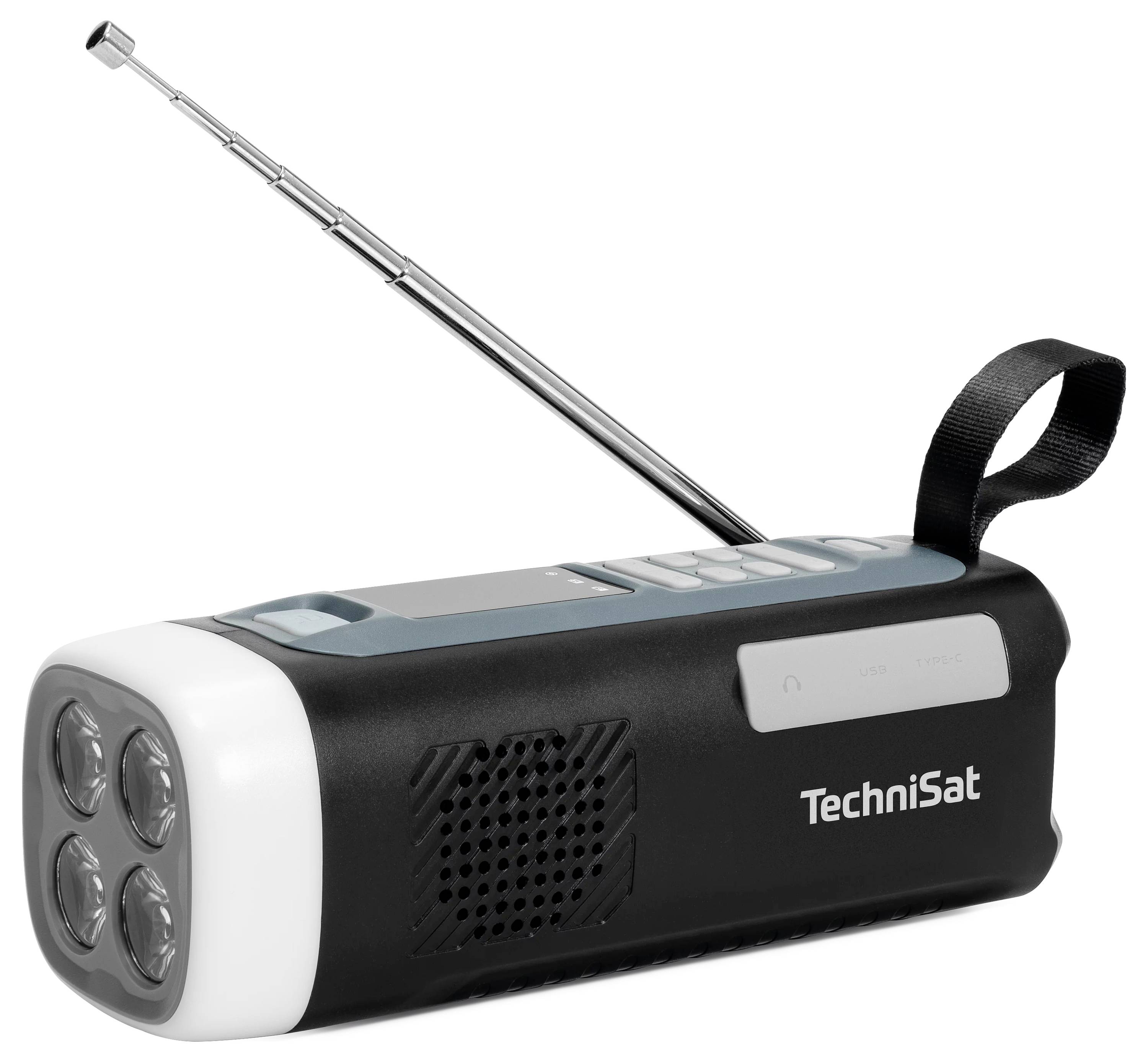 Tragbares Technisat-Notfallradio mit Taschenlampe, ausziehbarer Antenne, Tragegurt und vier LED-Leuchten an der Vorderseite.