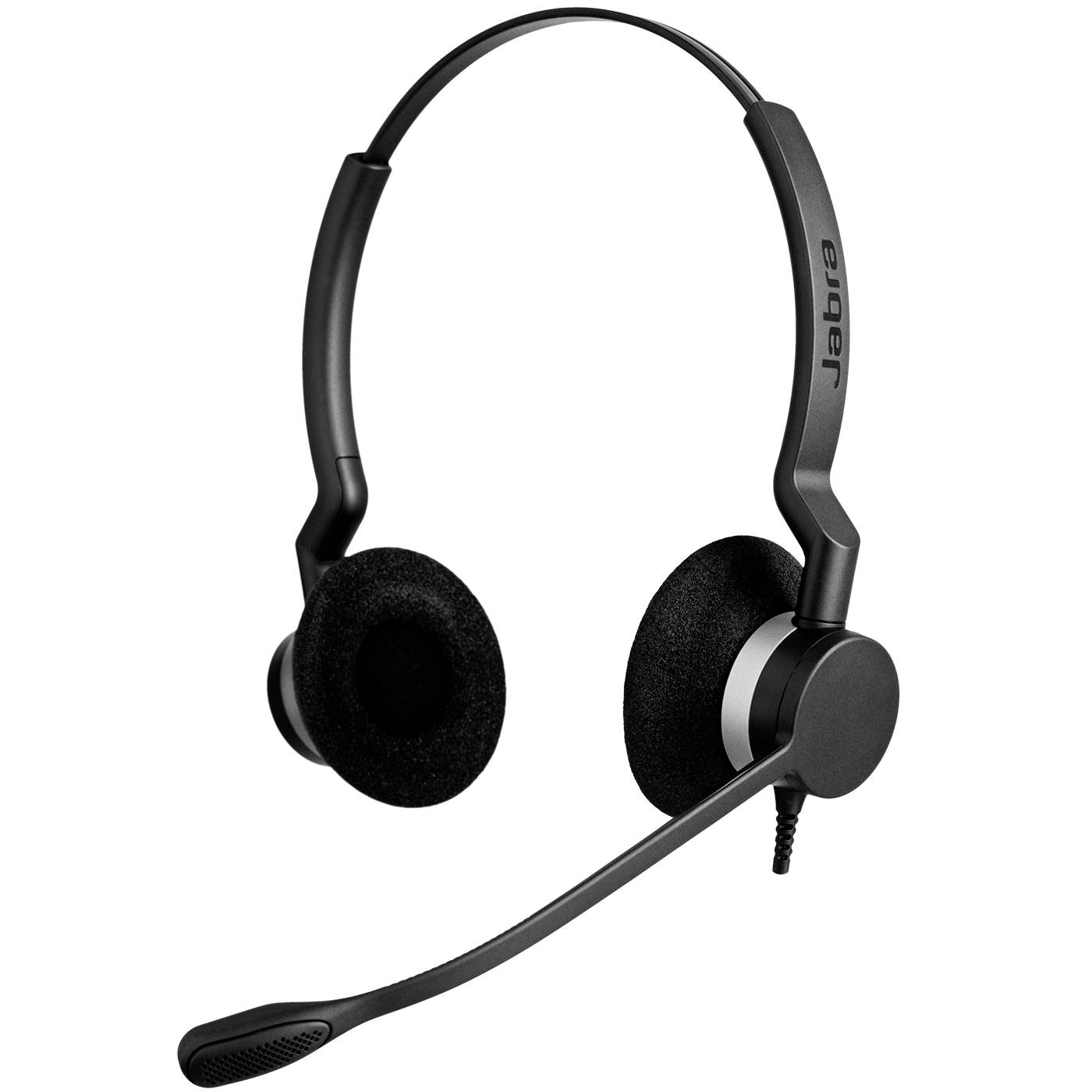 Schwarzes Over-Ear-Headset mit Mikrofonarm und Schaumstoff-Ohrpolstern auf weißem Hintergrund.