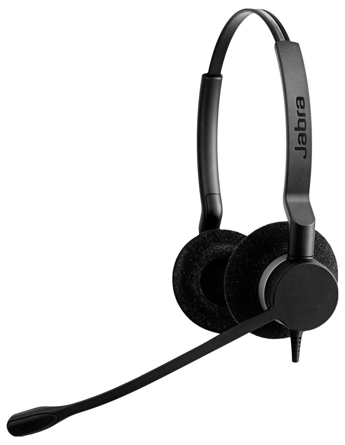 Schwarzes Jabra Over-Ear-Headset mit Boom-Mikrofon auf weißem Hintergrund.