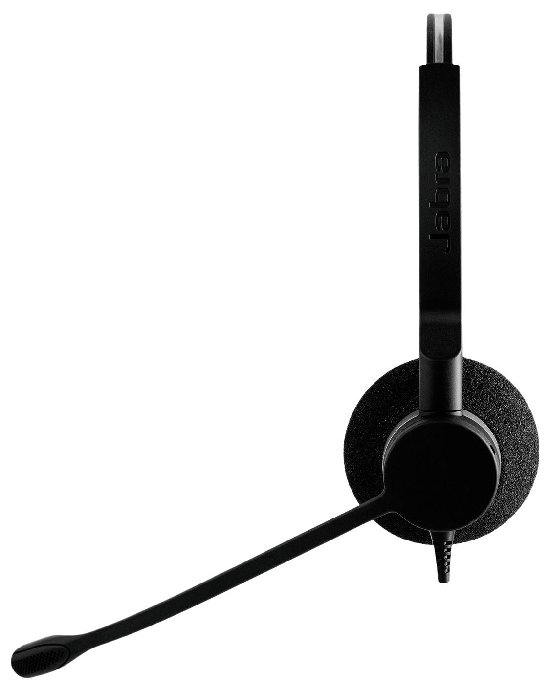 Schwarzes Jabra Over-Ear-Headset mit Boom-Mikrofon auf weißem Hintergrund.