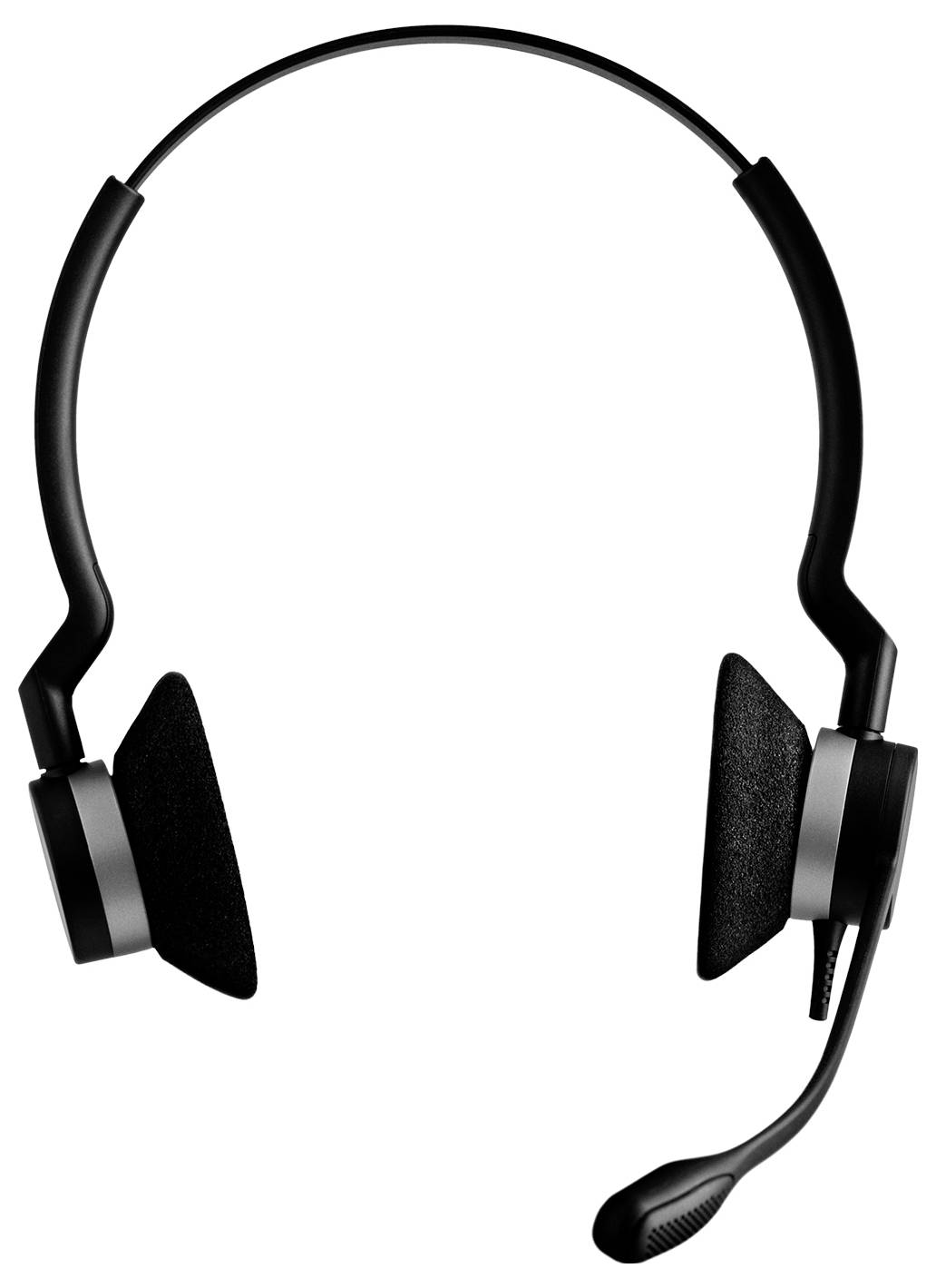 Schwarzes Kopfband-Headset mit Boom-Mikrofon und Ohrpolstern auf weißem Hintergrund.