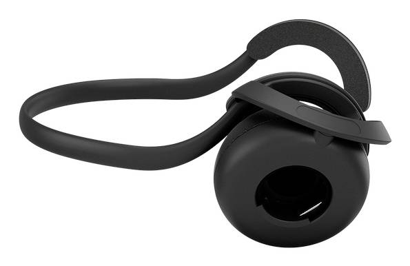 Schwarzes kabelloses Ohr-Bügel-Earbud oder Headset auf weißem Hintergrund, shown in side view.