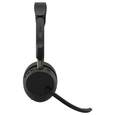 Schwarzes Jabra Over-Ear-Headset mit angebrachtem Boom-Mikrofon, auf weißem Hintergrund dargestellt.