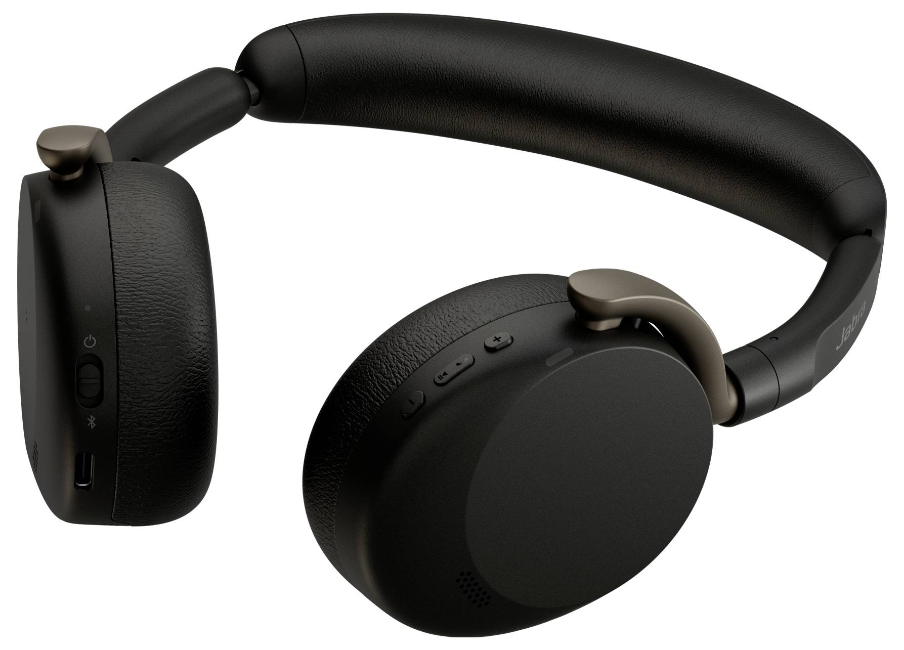 Schwarze kabellose Over-Ear-Kopfhörer mit gepolstertem Kopfbügel und Ohrmuscheln auf weißem Hintergrund.