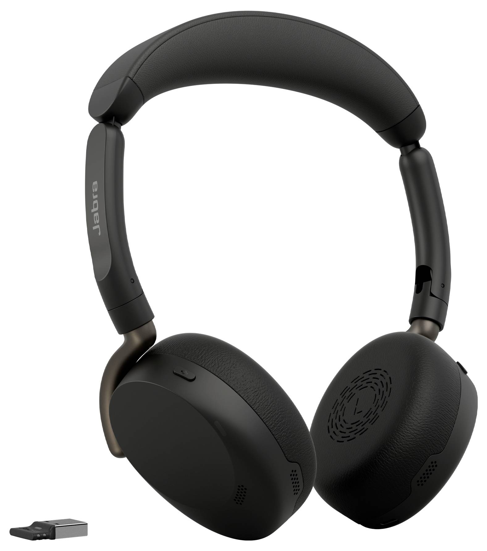 Schwarze Jabra Over-Ear-Kopfhörer mit kabellosem Betrieb, gepolsterter Kopfstütze und Ohrmuscheln, zusammen mit einem kleinen USB-Dongle abgebildet.