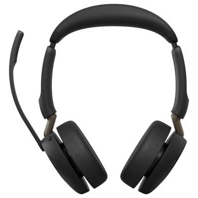 Schwarzes Over-Ear-Headset mit gepolstertem Kopfbügel und Boom-Mikrofon auf einfachem weißem Hintergrund.