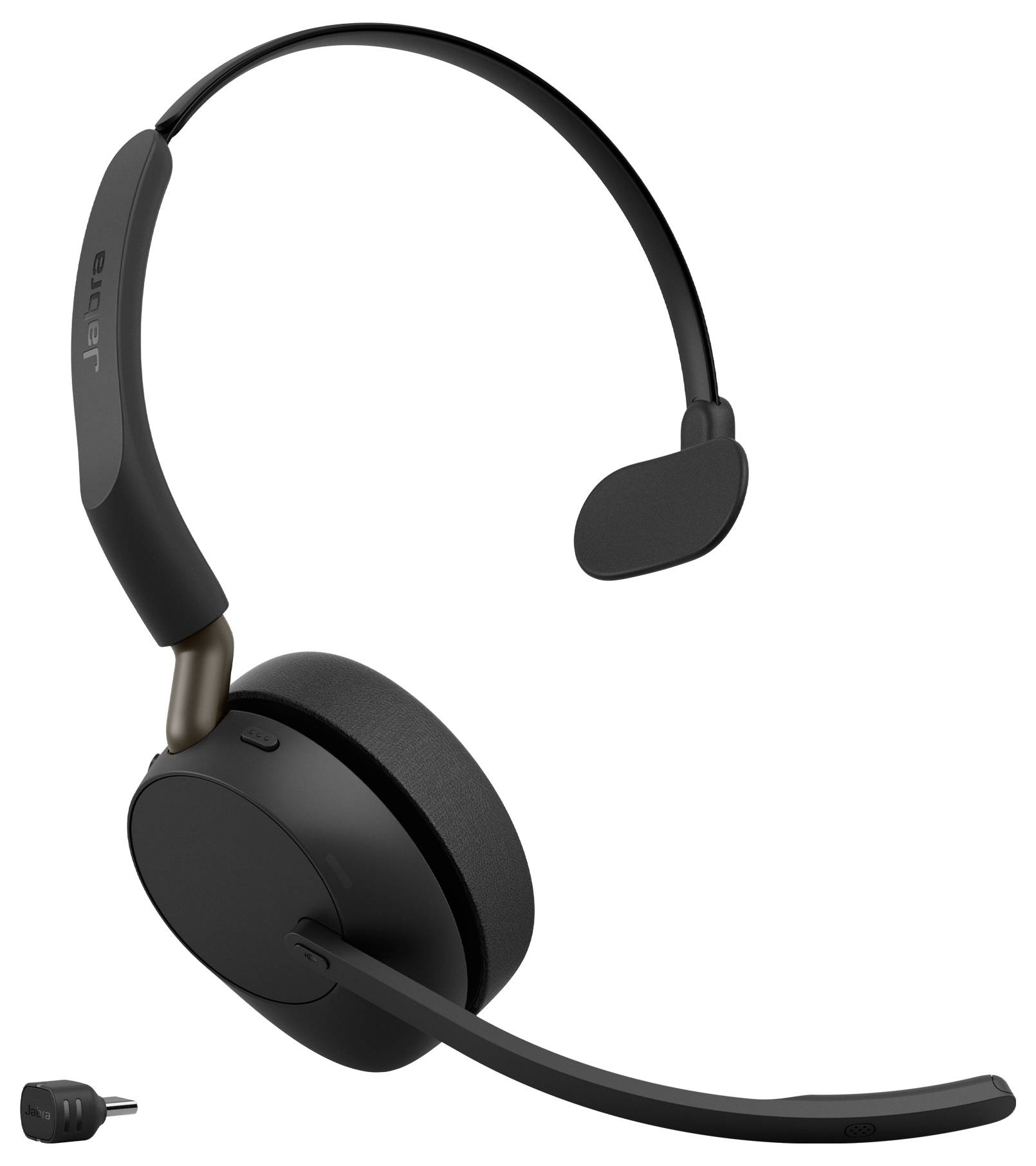 Schwarzes Over-Ear-Headset mit angebrachtem Boom-Mikrofon und enthaltenem USB-Adapter, gezeigt auf weißem Hintergrund.