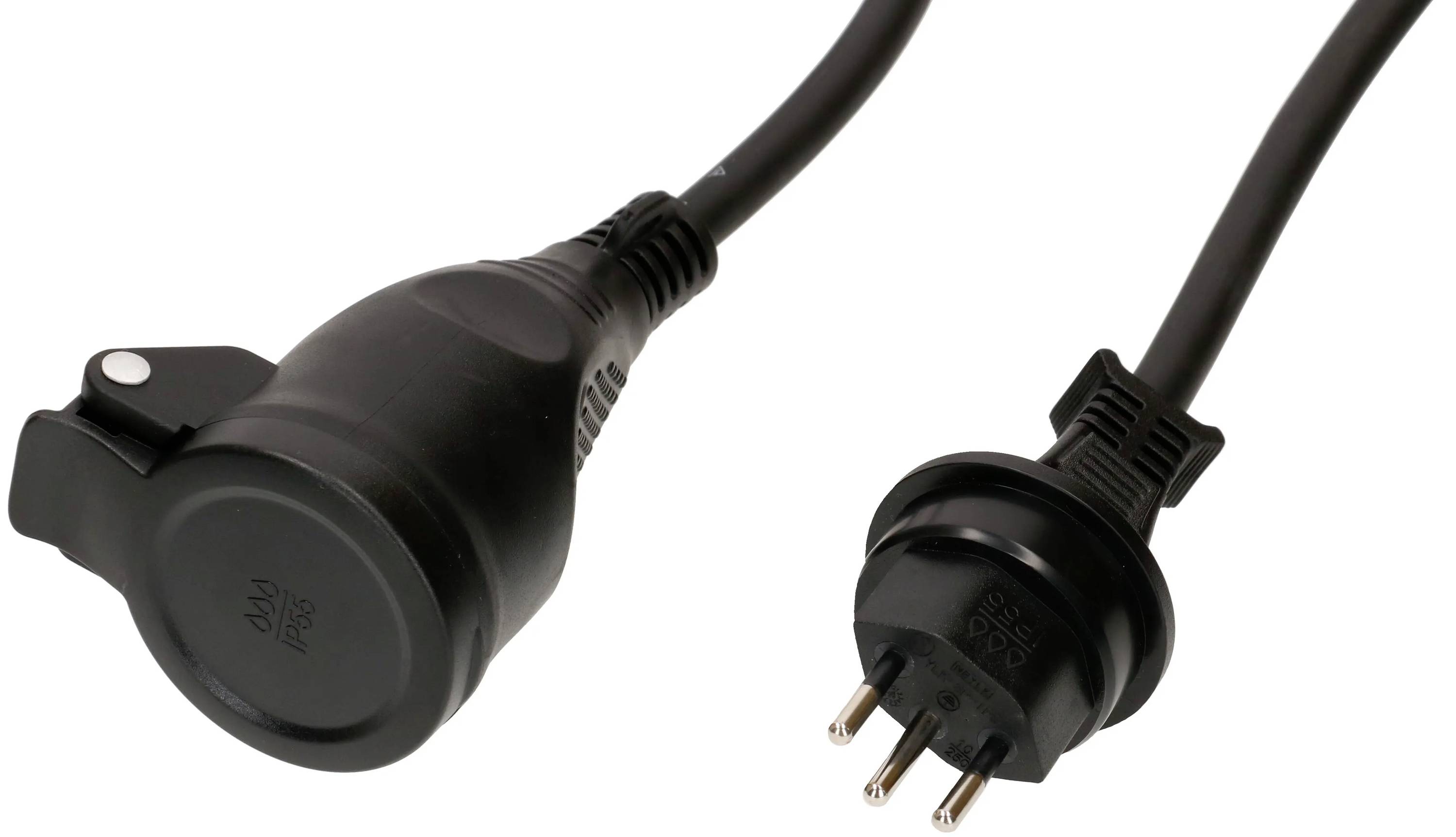Schwarzes Stromkabel mit einem runden Inline-Schalter an einem Ende und einem dreipoligen Stecker am anderen Ende, gezeigt auf weißem Hintergrund.