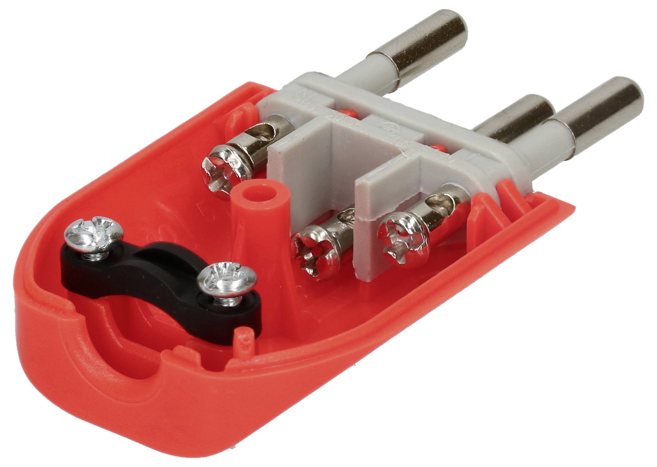 Ein roter dreipoliger Stromstecker mit entfernter Abdeckung, der innere Schrauben und Anschllussklemmen auf weißem Hintergrund zeigt.