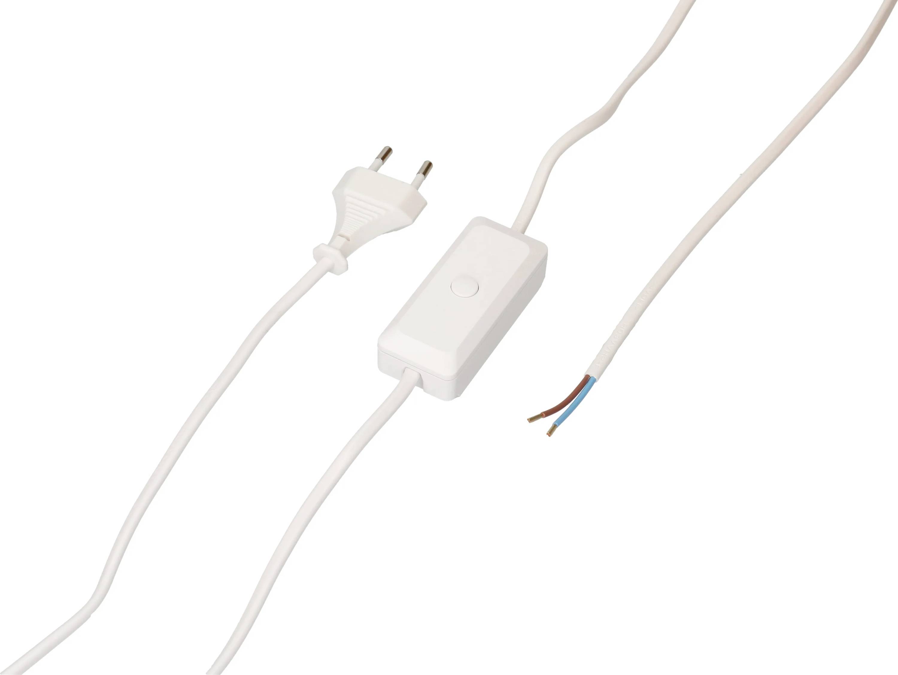 Weiße Stromleitung mit zweipoligem Stecker, Inline-Schalter und offenen Drahtenden auf weißem Hintergrund.