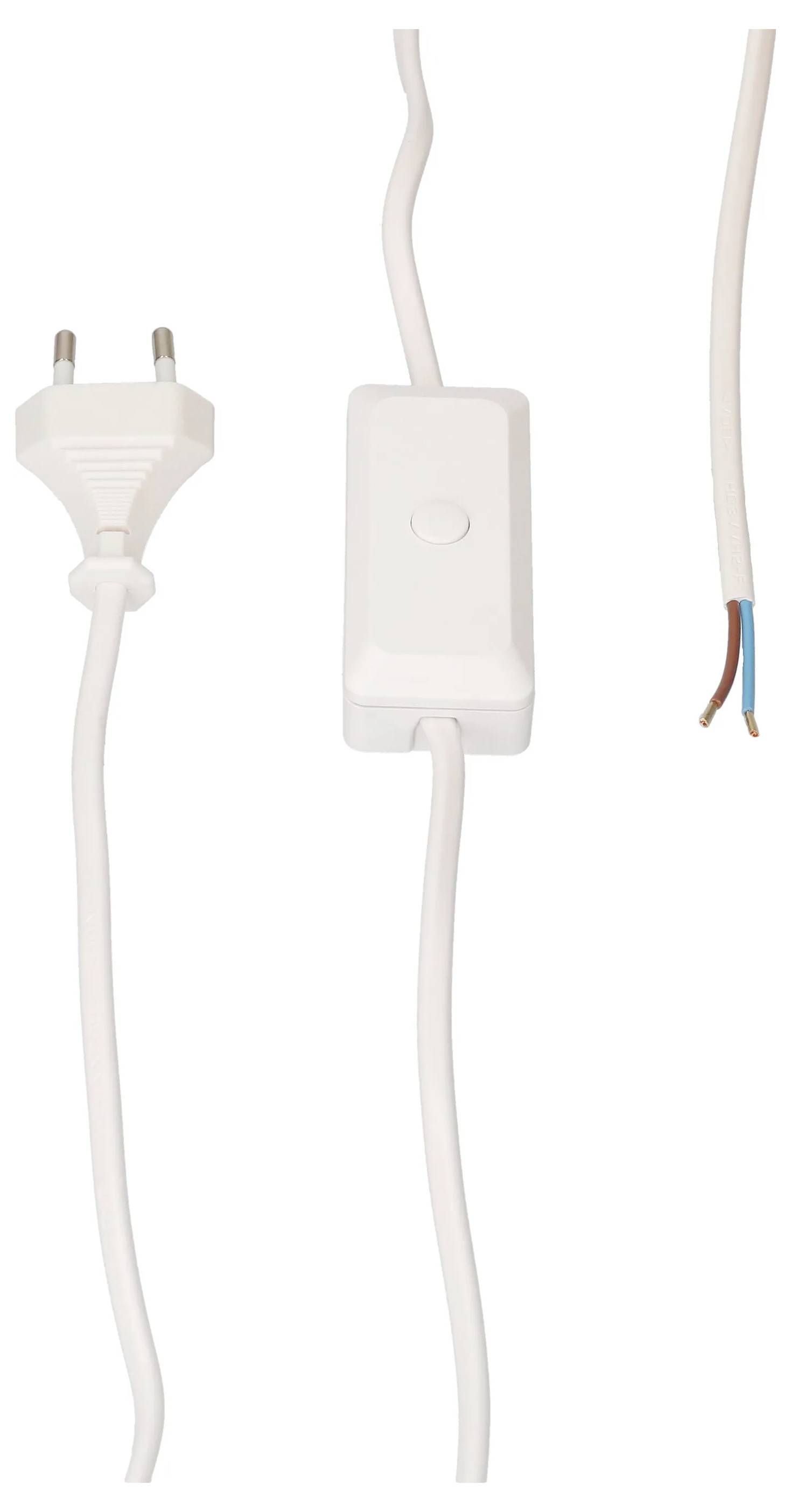 Weißes Stromkabel mit Stecker, Inline-Schalter und durchtrennetem Kabelende, das blaue und braune Adern freilegt.