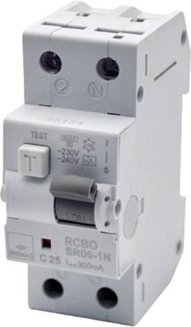 Grauer elektrischer Leitungsschutzschalter mit TEST-Taste, beschriftet mit „RCBO", „C25" und „IΔn 300mA".