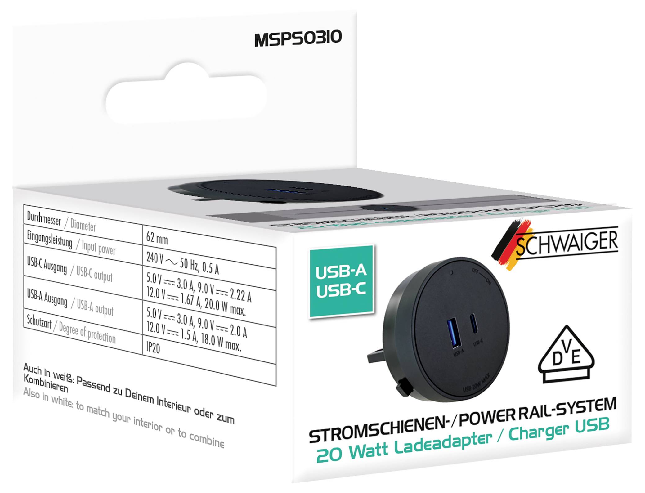 Verpackungsbox für einen SCHWAIGER USB-Ladegerät für Stromschienen, mit USB-A- und USB-C-Anschlüssen, 20-Watt-Ausgangsleistung und technischen Spezifikationen.