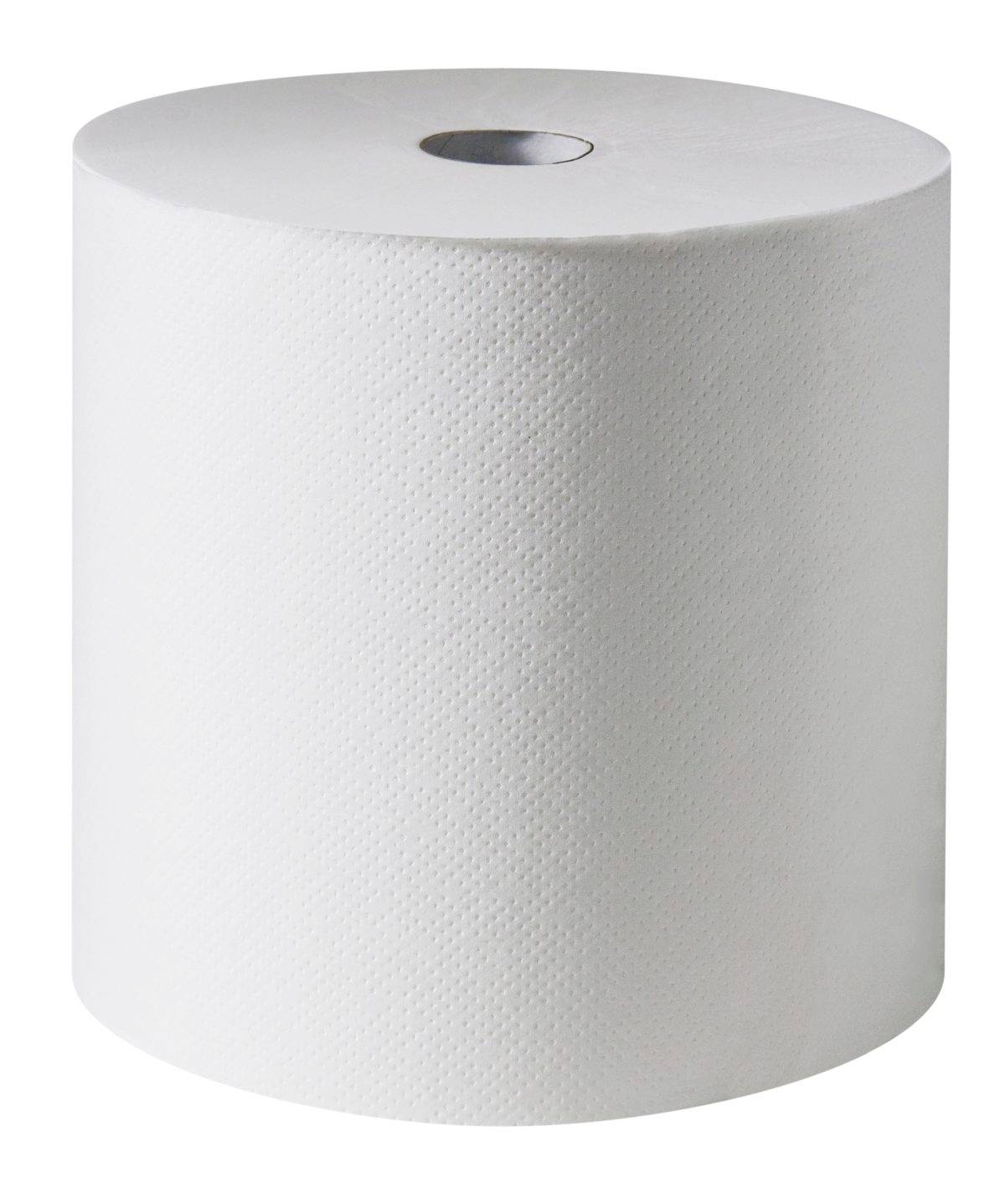 Einzelne weiße Papiertuchrolle vor einfachem Hintergrund gezeigt.