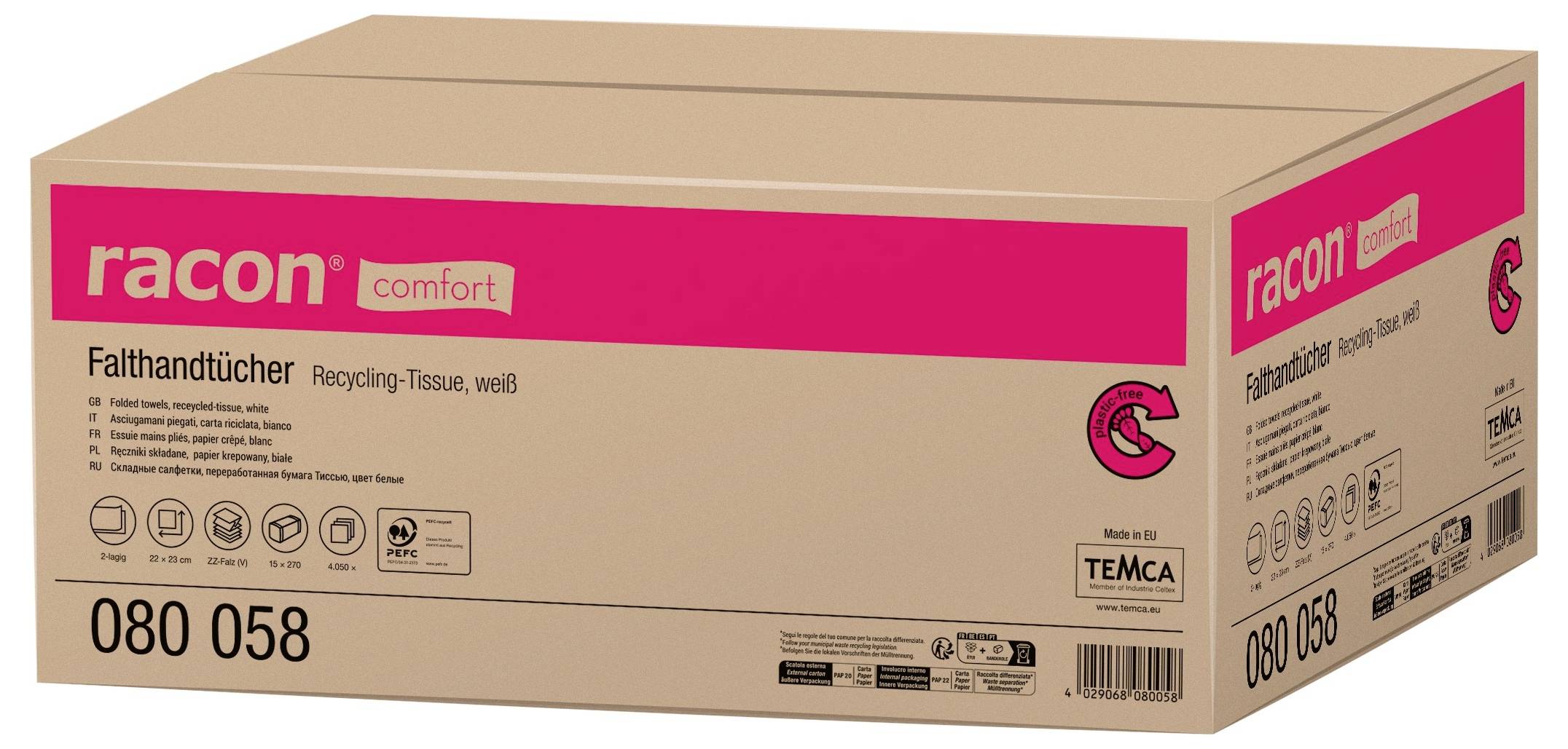 Kartonbox mit 'racon comfort' 'Falttaschentücher' Recycling-Tissue, weiß, Produktverpackung mit Kennzeichnung 080 058.