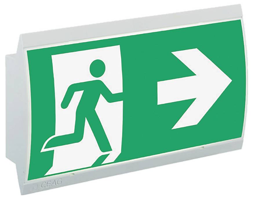 Grünes Notausgangsschild mit laufender Person und nach rechts zeigendem Pfeil, der die Evakuierungsroute nach rechts anzeigt.