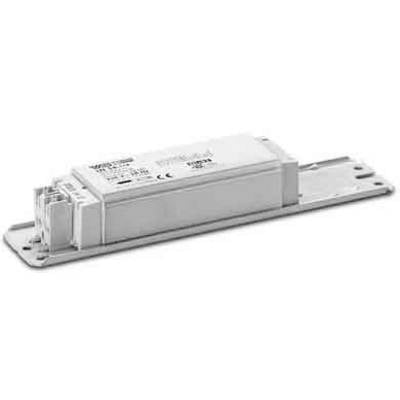 Weiß rechteckiger Elektrotransformator oder LED-Treiber mit Metallmontageklammern und angebrachten Drähten, gezeigt vor einem einfachen Hintergrund.