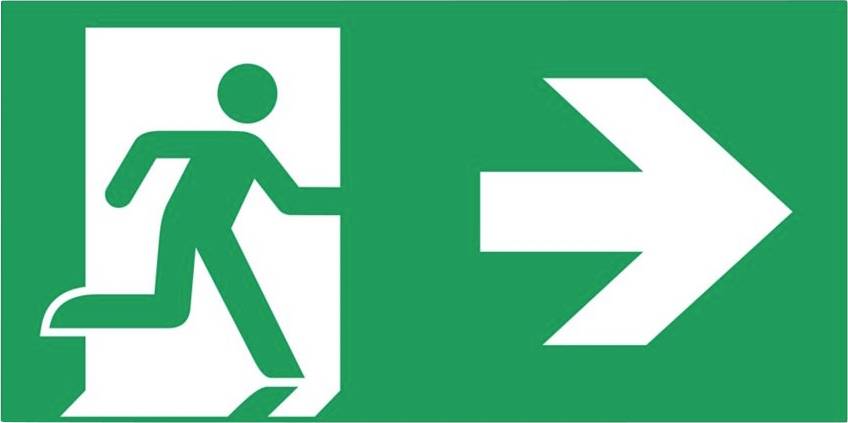 Grünes Notausgangsschild mit einer laufenden Person und einem nach rechts zeigenden Pfeil, der die Fluchtroute nach rechts anzeigt.