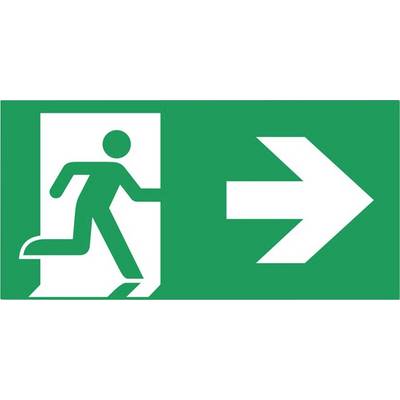 Grünes Notausgangsschild mit einer laufenden Person und einem nach rechts zeigenden Pfeil, der die Fluchtroute nach rechts anzeigt.