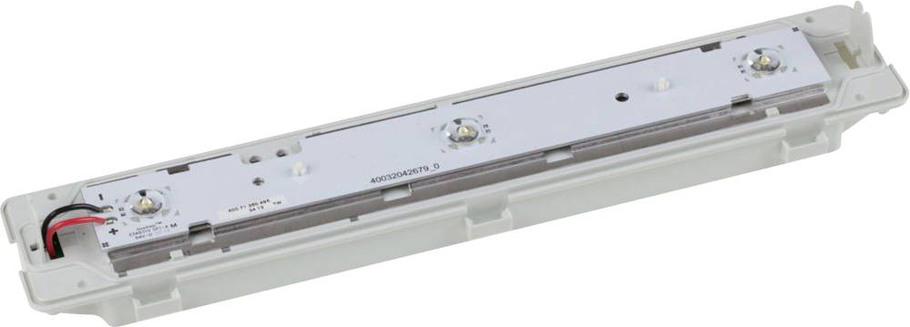 Langes LED-Leuchtmodul in einem weißen Kunststoffgehäuse mit roten und schwarzen Drähten an einem Ende angebracht.