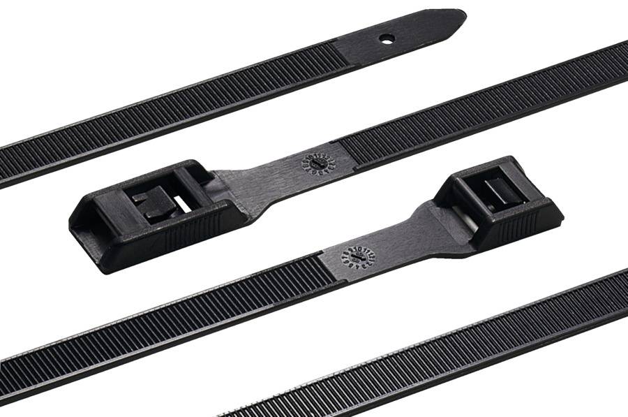 Schwarze Kunststoff-Kabelbinder auf weißem Hintergrund, wobei einer locker geschlungen und andere diagonal ausgestreckt sind