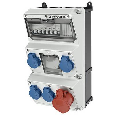 Wandmontierte elektrische Verteilerdose mit mehreren Leitungsschutzschaltern und blau und rot abgedeckten Steckdosen an der Vorderseite.
